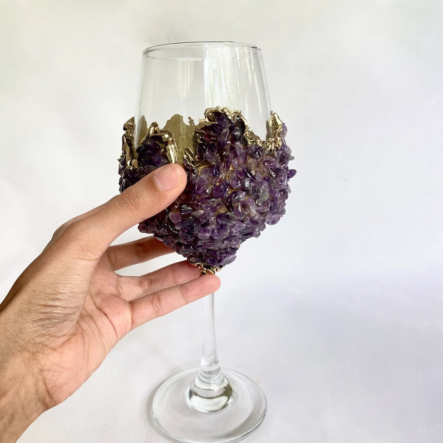 Set of 2 |Crystal Wine Glasses with Gold Plated Purple Amethyst
