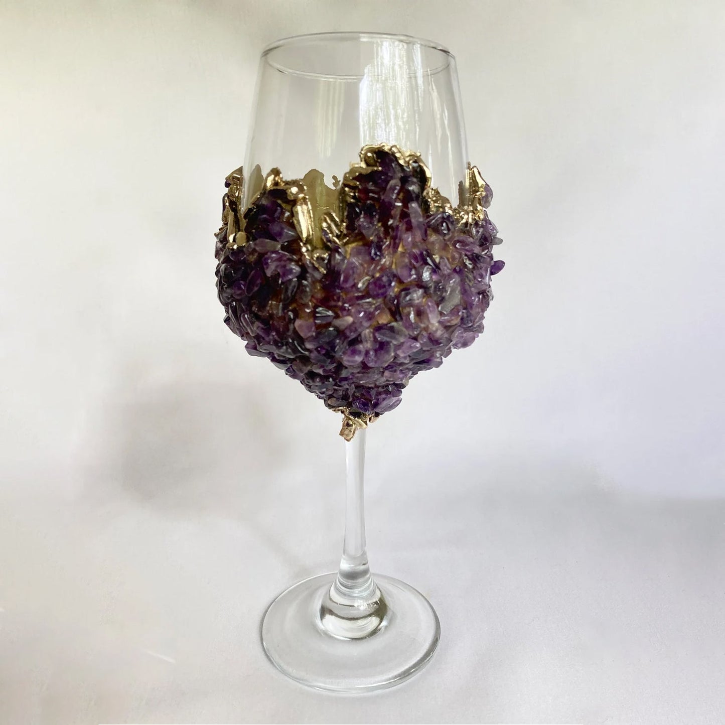 Set of 2 |Crystal Wine Glasses with Gold Plated Purple Amethyst
