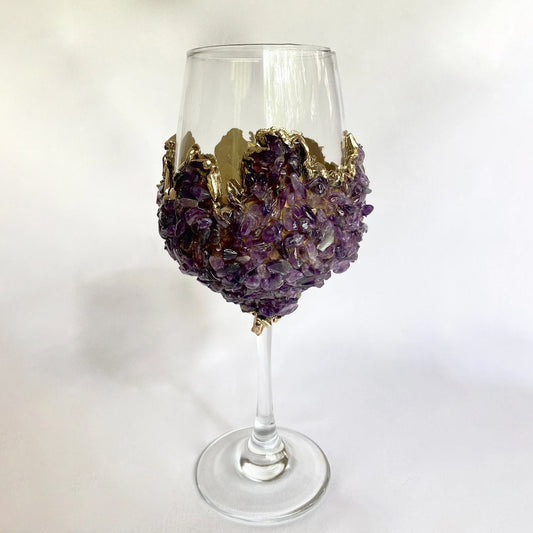 Set of 2 |Crystal Wine Glasses with Gold Plated Purple Amethyst